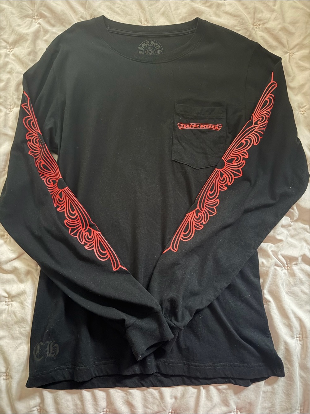 Chrome Hearts Black Long-Sleeve Pocket Tee with Red Sleeve Motifs